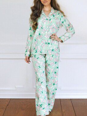 8 Oak Lane Pickleball Long Pajama Set 100% Cotton Loungewear Green - Medium